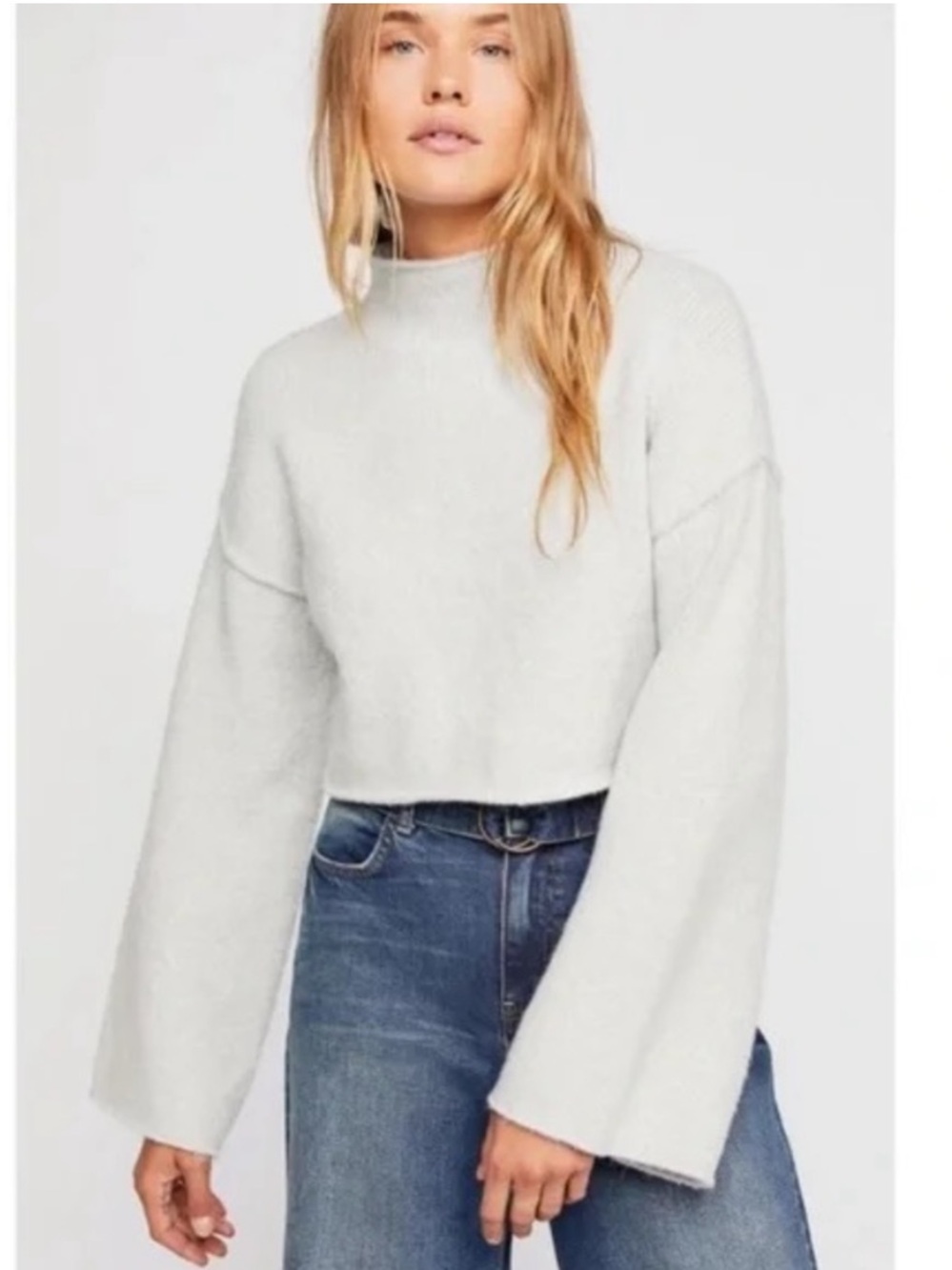 Free People Lost in A Forest Mock Neck Bell Sleeve Cropped Grey Sweater Medium